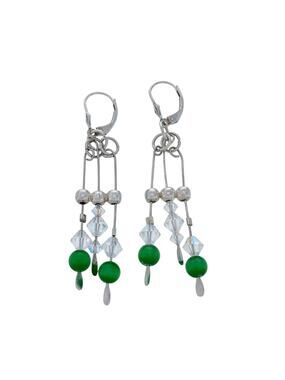 Vintage Sterling Silver 925 Crystal and Green Glass Beaded Dangle Earrings